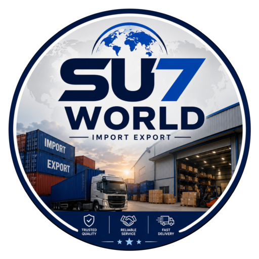 SU7 WORLD Surat wholesaler logo for import-export, wholesale trading, international shipping, logistics, cargo transportation, and global trade services.